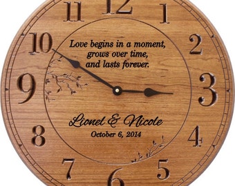 Love Begins in a Moment  .. Personalized 17 in Wood Wall Clock Engraved with Names and Date