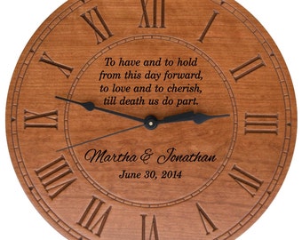 To Have and To Hold Round Cherry Finish Wall Clock with Personalization for Wedding Gift