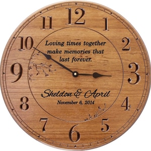 Loving Times Together .. Personalized 17 in Wood Wall Clock Engraved with Names and Wedding Date, Anniversary, 25th Anniversary Gift