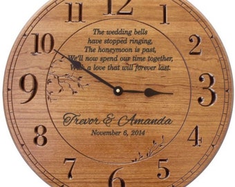 The Wedding Bells Personalized 17 in Wood Wall Clock Engraved with Names and Date