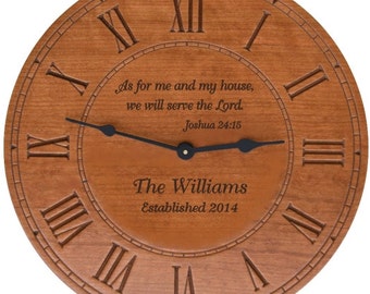 As For Me & My House... Serve The Lord - Round Cherry Finish Wall Clock with Personalization for Wedding,  Anniversary, or a New Home