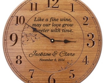 Like a Fine Wine .. Personalized 17 in Wood Wall Clock Engraved with Names and Date