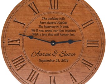 Wedding Bells Round Cherry Finish Wall Clock with Personalization for Wedding or Anniversary Gift,