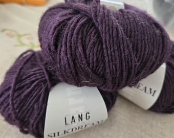 Lang Yarns "SilkDream" deep eggplant merino silk blend, Worsted weight. Discontinued yarn.