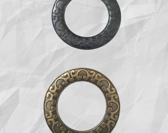Elegante anillo para bufanda grabado con acabado en cobre antiguo y negro, con diseño de pergamino/hoja. Complementa tu chal.