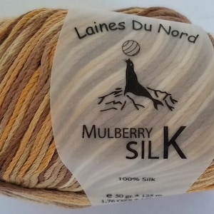 Mulberry Silk by Laines Du Nord is 100% Silk with softness & sheen. Knit or crochet shawls or tops. A DK weight that will drape beautifully