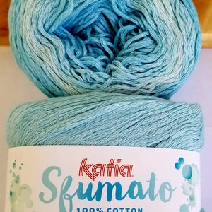 SFUMATO by Katia Yarns is 100% cotton in Tonal colors & chain-plied. One cake will make a shawl, pattern included, 410yds per 150gm cake