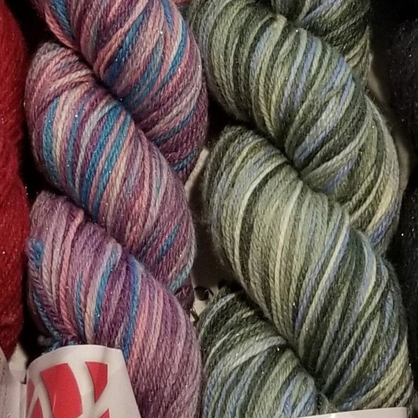 Kraemer Yarn "Sterling Silk and Silver" sock weight yarn with just a bit of sparkle for knitting or crochet!  Each 100gr. hank has 490yds