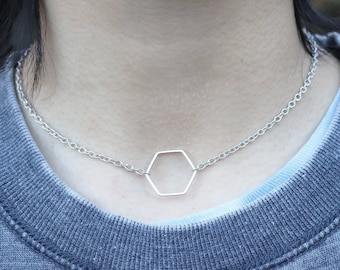 Hexagon Choker // Silver Honeycomb Necklace // Minimalist Jewelry // Geometric // Boho Hippie Grunge Accessories