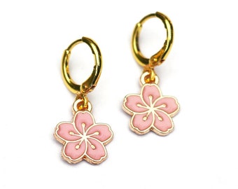 Sakura Huggie Earrings / Pink Cherry Blossom Hoop Earrings / Gold Flower Hoop Huggies / Cute Dainty Hoops / Y2K Earrings / Kawaii Earrings