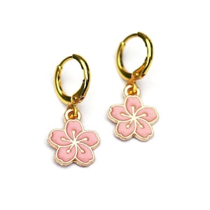 Sakura Huggie Earrings / Pink Cherry Blossom Hoop Earrings / Gold Flower Hoop Huggies / Cute Dainty Hoops / Y2K Earrings / Kawaii Earrings