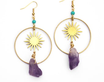 Amethyst + Sun Earrings / Raw Crystal Hoop Earrings / Boho Statement Earrings / Gemstone Earrings / Festival Jewelry / Hypoallergenic