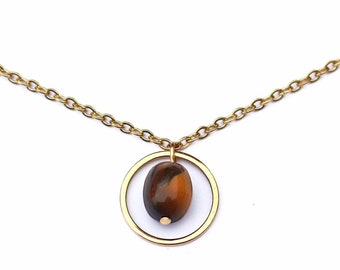 Tiger's Eye Gemstone Necklace / Tiger Eye Crystal Choker / Minimalist Unisex Jewelry / Natural Stone Pendant / Gold-plated Stainless Steel