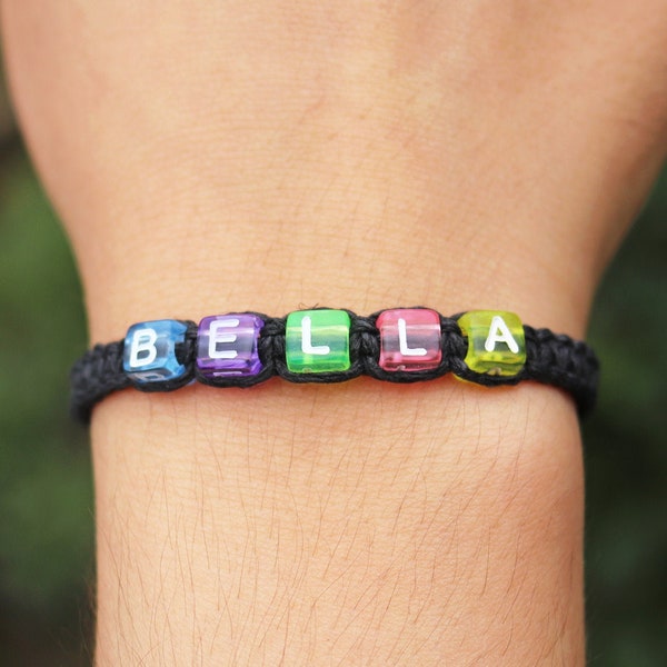 Custom Neon Name Word Bracelet // Personalized Rainbow Letter Bracelet // Customizable Unisex Hemp Macrame Bracelet // Choose Your Color