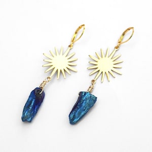 Gouden zonoorbellen // Blauwe kwartsoorbellen // Boho-kristallen oorbellen // Boho-oorbellen // Celestial Sunburst-oorbellen // Statementoorbellen