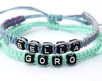 Custom Name Hemp Bracelet / Personalized Word Macrame Bracelet / BFF Bracelet / Unisex Knotted Woven Bracelet / Black Letter Beads Bracelet