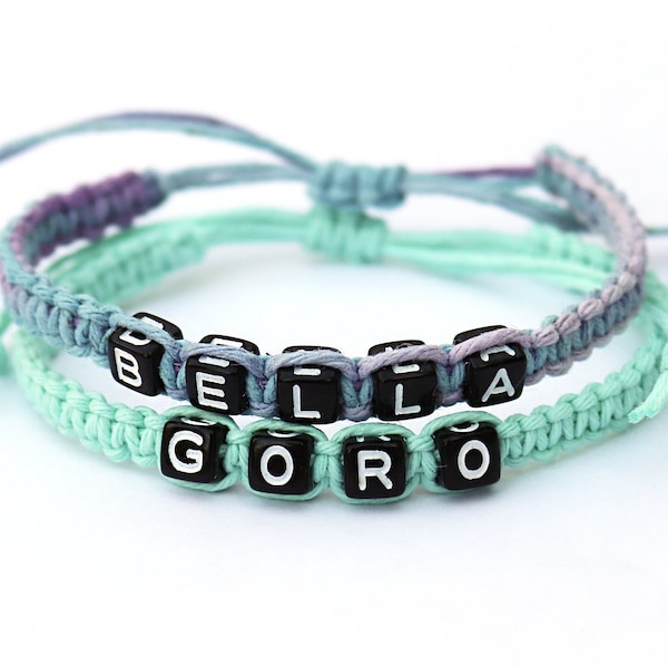 Custom Name Hemp Bracelet / Personalized Word Macrame Bracelet / BFF Bracelet / Unisex Knotted Woven Bracelet / Black Letter Beads Bracelet