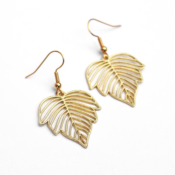 Leaf Earrings // Boho Plant Earrings // Gold Leaves // Modern Hippie Earrings // Bohemian Jewelry // Golden Nature Earrings / Hypoallergenic