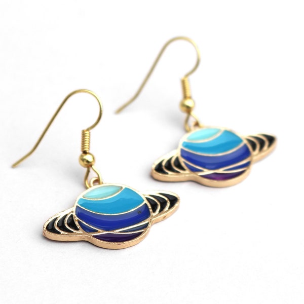 Saturn Earrings / Blue Planet Earrings / Cute Space Earrings / Kawaii Astronomy Earrings / Celestial Earrings / Gold Plated Stainless Steel