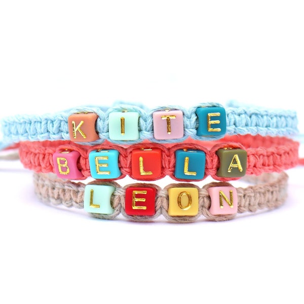 Custom Colorful Name Bracelet / Personalized Multicolor Word Bracelet / Adjustable Hemp Friendship Bracelet / Rainbow Gold Pastel Letters