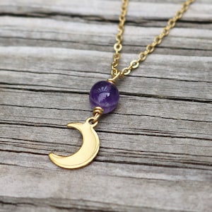 Amethyst Moon Necklace // Crescent Moon Gemstone Necklace // Celestial Gold Layering Necklace // Boho Amethyst Quartz Crystal Necklace