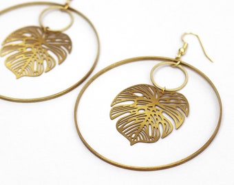 Monstera Hoop Earrings // Tropical Leaf Brass Circle Earrings // Modern Bohemian Statement Earrings // Geometric Cheese Plant Earrings