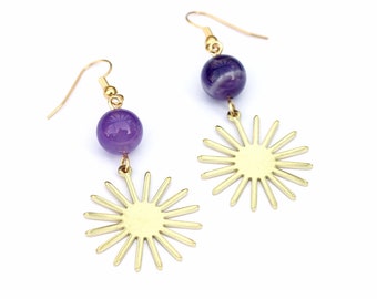 Amethyst Sun Earrings // Boho Sunburst Earrings // Crystal Earrings // Raw Brass Earrings // Minimalist Bohemian Earrings