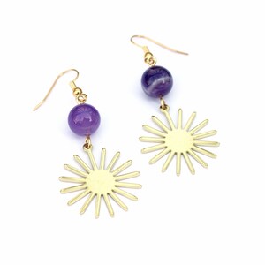 Amethyst Sun Earrings // Boho Sunburst Earrings // Crystal Earrings // Raw Brass Earrings // Minimalist Bohemian Earrings