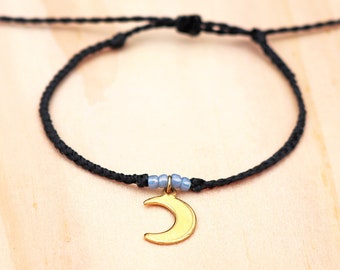 Gold Crescent Moon Bracelet / Adjustable Waterproof Golden Moon Bracelet / Cute Celestial Lunar Charm Bracelet / Boho Waxed String Bracelet