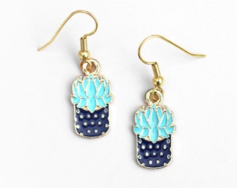 Blue Succulent Earrings / Potted Cactus Earrings / Cute Plant Earrings / Boho Enamel Charm Jewelry / Gift for Plant Lover / Hypoallergenic