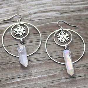 Snowflake Crystal Earrings / Silver Snowflake Hoop Earrings / Icicle Earrings / Angel Aura Quartz / Boho Christmas Winter Inspired Jewelry