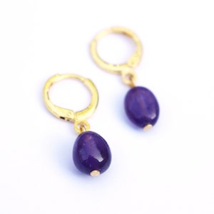 Amethyst Huggie Hoops // Gold Amethyst Earrings // Dainty Gemstone Huggies // Crystal Hoop Earrings // February Birthstone Earrings