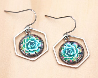 Succulent Plant Earrings // Minimalist Cactus Earrings // Silver Botany Earrings // Simple Nature Earrings // Gifts for Plant Lovers
