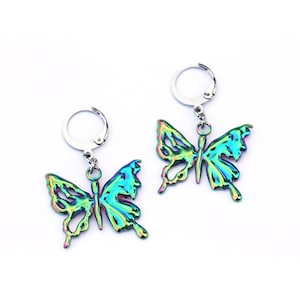 Iridescent Butterfly Hoop Earrings // Y2K Rainbow Butterfly Huggies // 2000s Aesthetic Alt Jewelry // Teal Titanium Anodized Stainless Steel