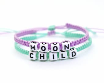 MOON CHILD Bracelet Set / Pastel Boho Bracelet / Purple Mint Layering Bracelet / Adjustable Waterproof Nylon Bracelet / Stacking Bracelet