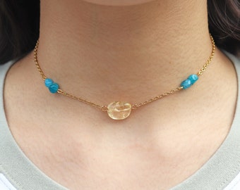 Citrine + Apatite Necklace / Natural Gemstone Choker / Blue Apatite Orange Citrine / Minimalist Boho Stone Choker / Hippie Crystal Jewelry