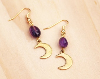 Orecchini con cristalli Luna e Ametista / Pietra preziosa naturale a forma di mezzaluna / Orecchini semplici e minimalisti Boho per tutti i giorni / Acciaio inossidabile placcato oro