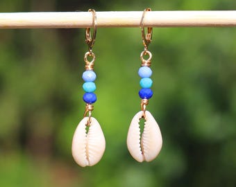Blue Cowrie Shell Earrings / Boho Sea Shell Huggie Earrings / Sparkly Ombre Seashell Hoops / Beachy Summer Huggies / Mermaidcore Jewelry