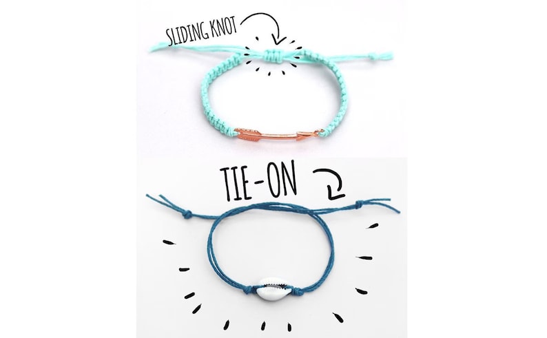 Two bracelets, one light blue and one dark blue, with different closures. The light blue bracelet has a sliding knot closure and a gold arrow charm. The dark blue bracelet has a tie-on closure and a white seashell charm. The text 'SLIDING KNOT' and 'TIE-ON' are written above the bracelets.