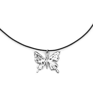Silver Butterfly Necklace / Y2K Butterfly Choker / 2000s Aesthetic Jewelry / Grunge Choker / Stainless Steel + Vegan Leather Cord