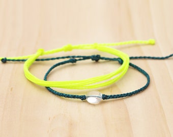 Waterproof Neon Bracelet Stack / Set of 2 Adjustable Boho Surfer String Bracelets / Quartz Bracelet / Neon Yellow + Teal Stacking Bracelet