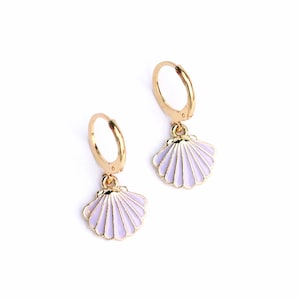 May include: A pair of gold hoop earrings with a dangling purple seashell charm.