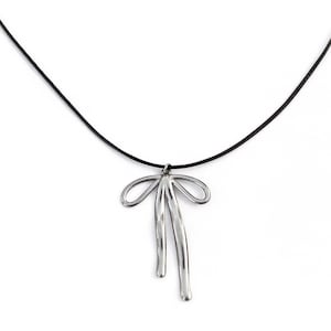 Silver Bow Necklace / Y2K Ribbon Choker / Minimalist Bowknot Necklace / Stainless Steel + Vegan Leather / Coquette Bow Jewelry