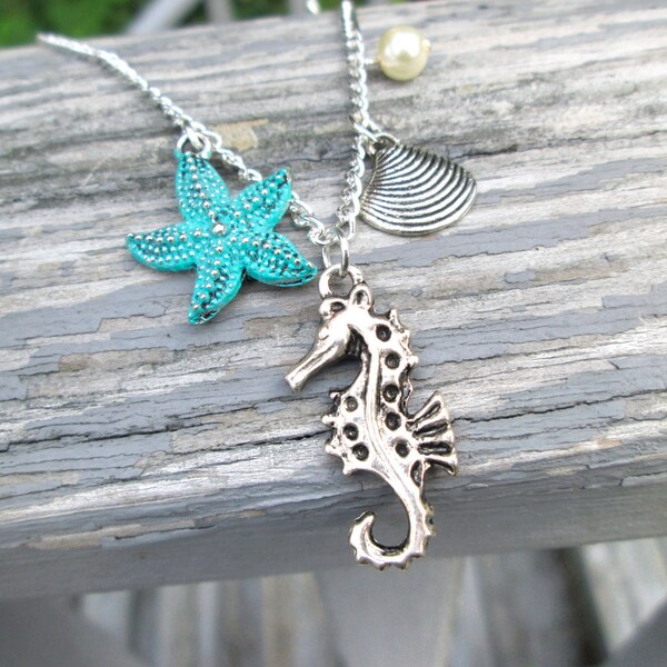 SALE REDUCED PRICE was 14.99 - Ocean-Themed Charm Necklace - Seahorse, Starfish, Shell & Pearl Charms