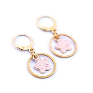 Sakura Huggie Hoops / Pink Cherry Blossom Huggie Earrings / Floral Hoop Earrings / Spring Aesthetic Jewelry / Gold-Plated Stainless Steel