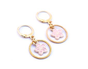 Sakura Huggie Hoops / Pink Cherry Blossom Huggie Earrings / Floral Hoop Earrings / Spring Aesthetic Jewelry / Gold-Plated Stainless Steel