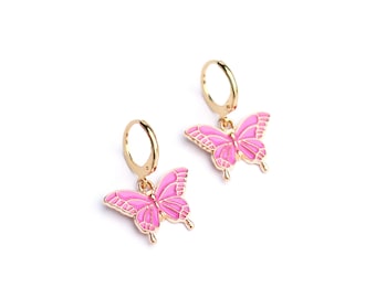 Pink Butterfly Huggie Earrings / Y2K Butterfly Hoop Earrings / Gold Pink Enamel Butterfly Fairy Huggies / Spring Jewelry / Stainless Steel
