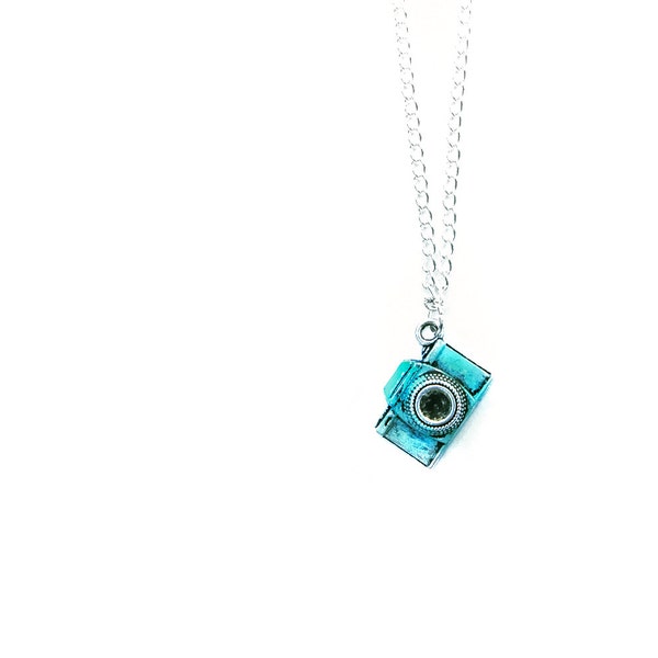 Camera Pendant Necklace // Camera Charm Necklace // Blue Patina // Rustic Grunge Vintage // Simple Jewelry