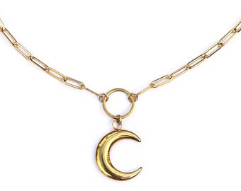 Crescent Moon Choker / Gold Moon Necklace / Minimalist Moon Choker / Gold-Plated Stainless Steel Paperclip Chain / Celestial Jewelry