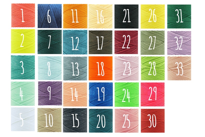 May include: A color chart of 33 different shades of thread spools. The spools are arranged in rows of six, with the numbers 1 through 33 printed on each spool.